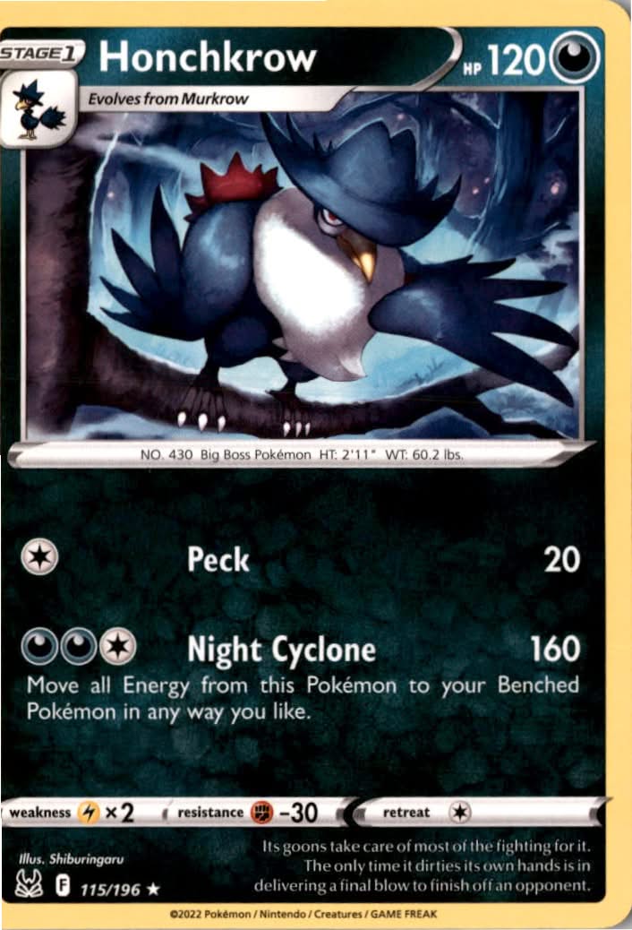 Honchkrow #115/196 - Lost Origin - Pokemon - Rare - Near Mint