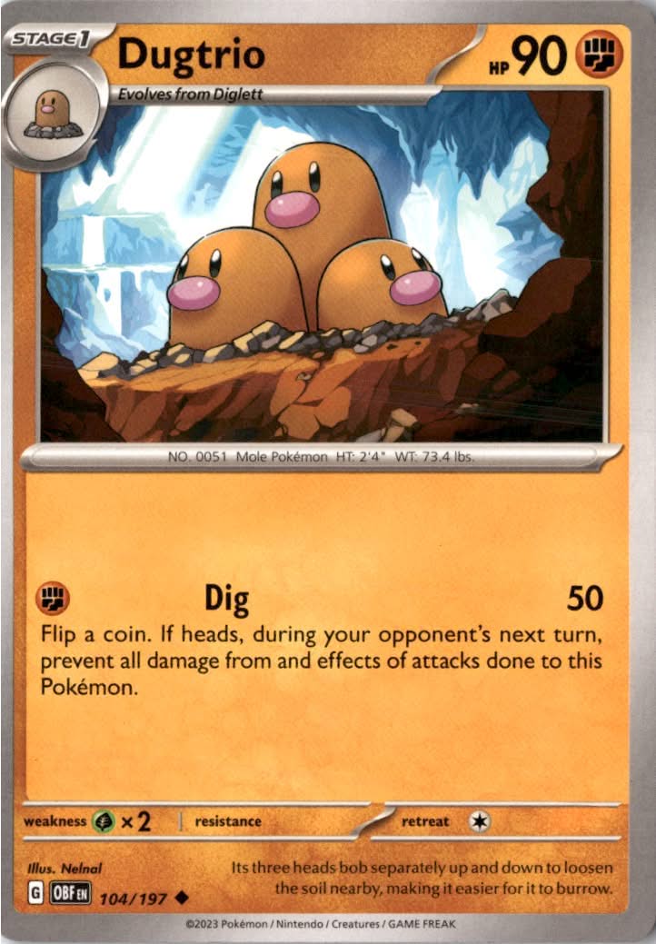 Dugtrio #104/197 - Obsidian Flames - Pokemon - Uncommon - Near Mint